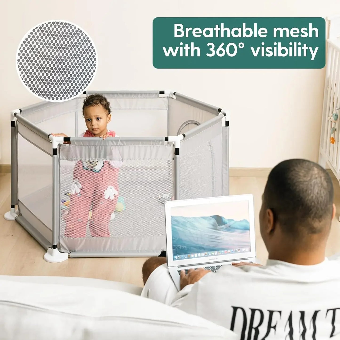 Portable Baby Playpen – Safety Fence with Breathable Mesh & Pull Tabs for Indoor/Outdoor Use